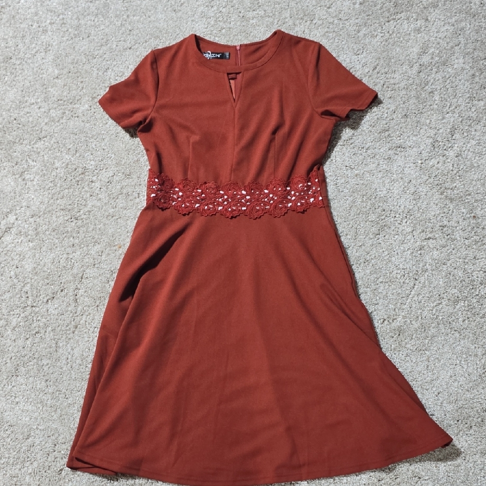 Burnt Orange A-Line Peplum Midi Dress Crew Neck
